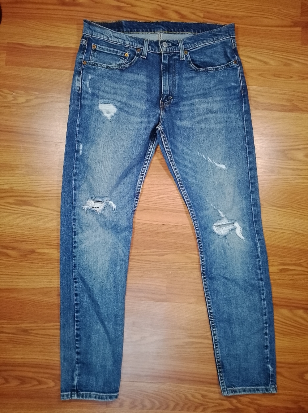 Levis Skinny Taper Jeans Men’s Measured Sz 34x30 Blue Distressed Skinny Stretch